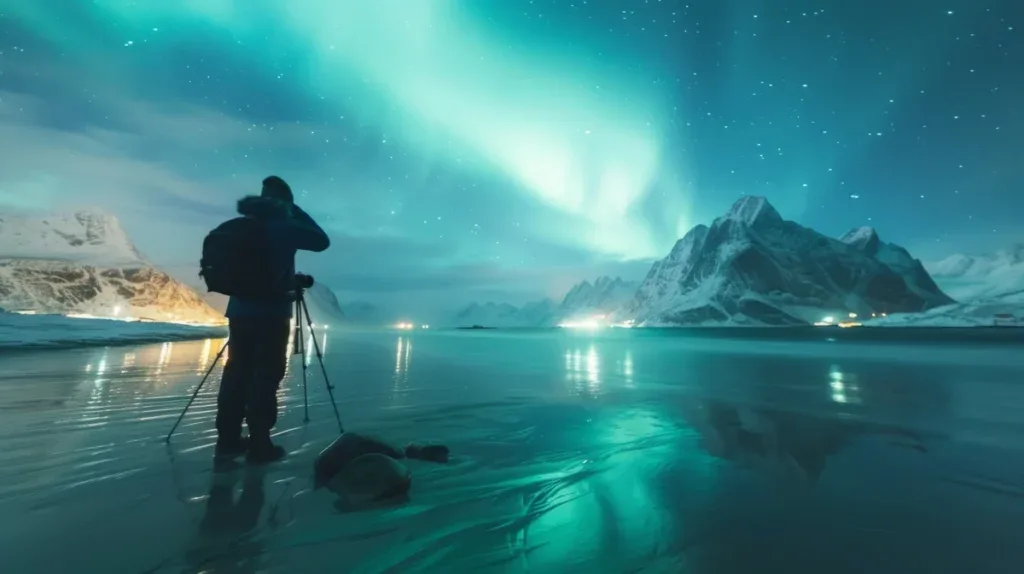 A photographer on an icy shore capturing the aurora borealis over snow-capped coastal peaks