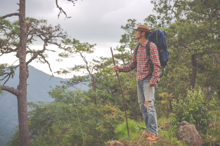 Homens nas montanhas com mochilas em meio à floresta