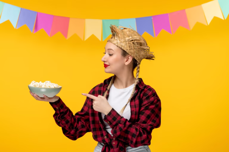 Festa Junina'da patlamış mısır ve renkli bayraklarla bir kız, Brezilya