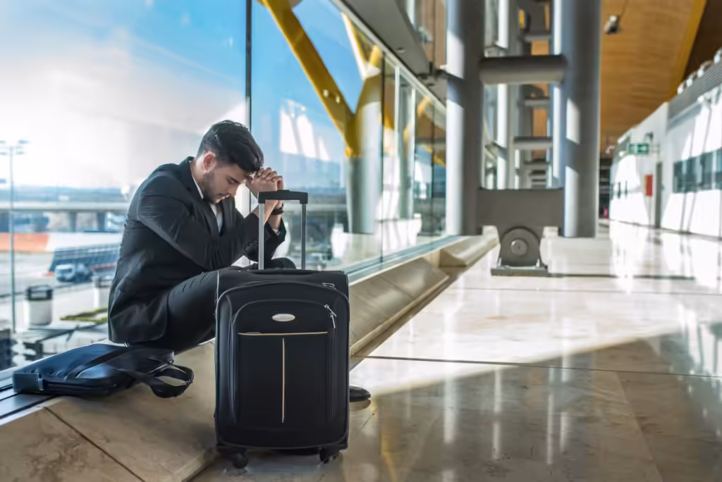 por qué algunos viajes no cumplen las expectativas: viajero frustrado sentado con su maleta en la terminal