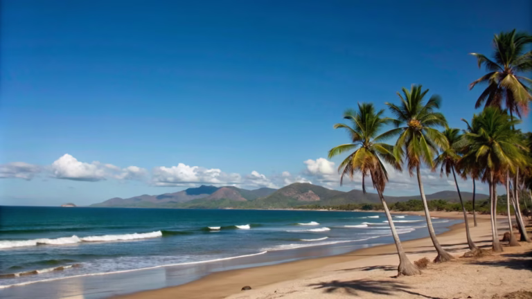 Palmiye sıralı sahil ve arka planda dağlar, Costa Rica