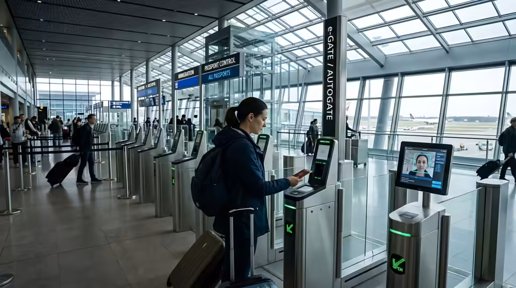 Regras de entrada 2026: viajante passa pelo controle automatizado de passaportes no aeroporto