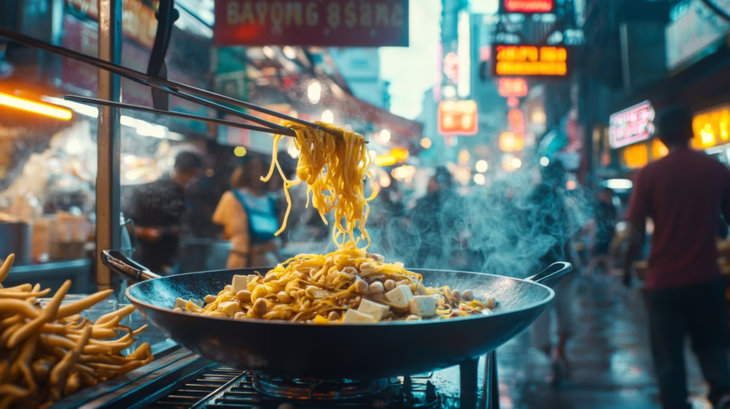 Pad Thai cucinato in un wok, Bangkok, Thailandia
