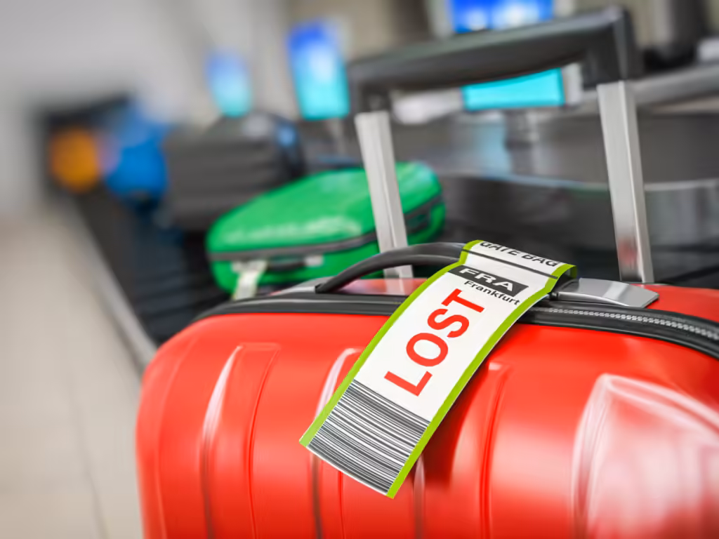 Klaim asuransi bagasi hilang: koper merah dengan tag lost baggage di area pengambilan barang bandara