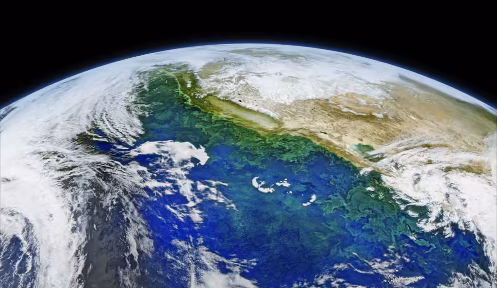 Google Earth VR kostenlos: Satellitenbild der Erde mit Wolkenwirbeln über Ozean und Land