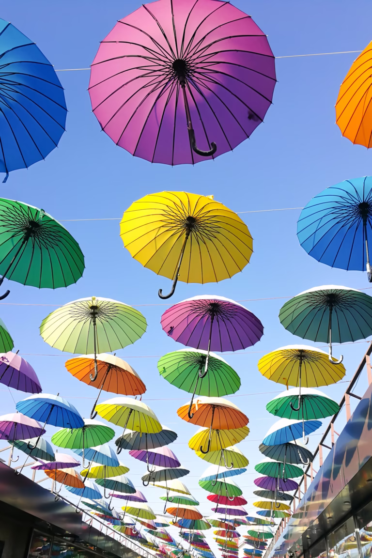 Alley decorated with colorful umbrellas, Brazil